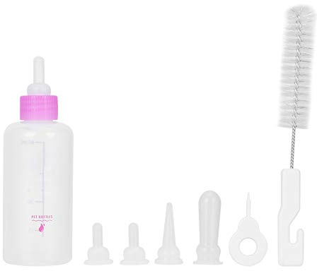 Puppy Milk Feeding Bottle 60ML for Newborn Puppies and Kittens 6PCS Kit with 4 Replacement Nipples Dog Cat Milk Feeder Complete Set Pink
