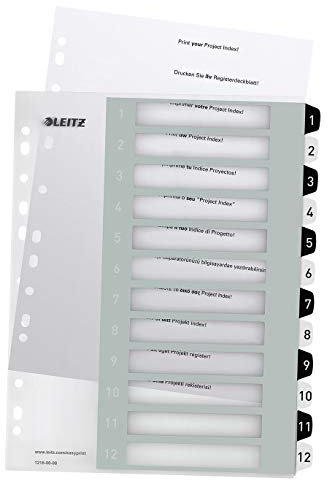 Leitz Register für A4, PC-beschriftbares Deckblatt und 12 Trennblätter, Taben mit Zahlenaufdruck 1-12, Überbreite, Weiß/Schwarz, Polypropylen, WOW, 12160000