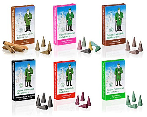 Crottendorfer Räucherkerzen - Dezember - Zimt, Bunte Mischung, Adventsduft, Weih. Weihrauch, Sandelholzduft, Tannenduft (6 x 24 Stück)