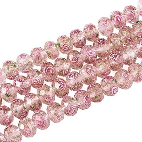 PandaHall - Lot de 60 perles en verre soufflé floral de 10 mm - Perles d'espacement en verre rose à facettes dorées pour bracelet, collier, fabrication de bijoux, loisirs créatifs
