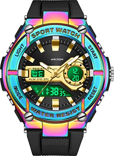 Digitaluhr Herren Sport Militär Uhren Männer 5ATM Wasserdicht Herenuhr Elektronisch mit Timer Alarm Dualzeit Tactical Watch Outdoor Armbanduhren Groß Beleuchtung Bunt Uhr