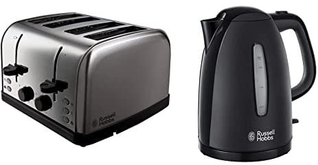 Russell Hobbs 18790 Futura 4-Slice Toaster, 1500 W, Stainless Steel Silver, Four Slice & Textures Plastic Kettle 21271, 1.7 L, 3000 W - Black