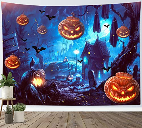 LB Halloween Wandteppich Spukhaus Wandtuch Geisterkürbis und Fledermaus Wandbehang Friedhof in der Blauen Nacht Tapisserie für Wohnzimmer Schlafzimmer Wohnheim Wanddeko,200x150cm