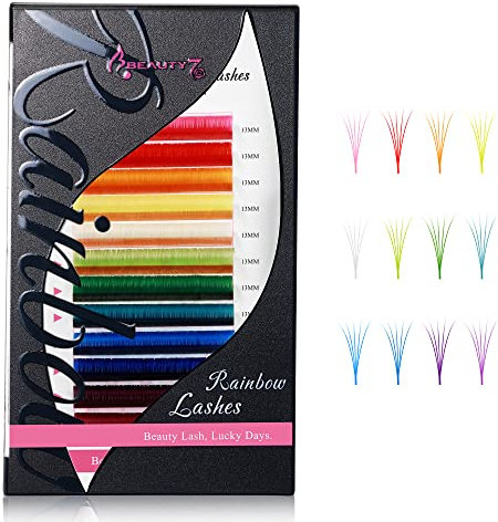 DIY Colored Lash Extensions 12 Colors, Easy Fan 0.05mm D+ Curl 15mm Rainbow Eyelash,Pink Red Yellow White Green Blue Purple Faux Mink Volume Eyelashes for Home and Salon Use Beauty7