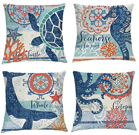 OCEUMACO Leinen Kissenbezug 45x45 Meer Tiere Kissenhülle 4er Set Quadratisch Sofakissen Dekokissen Bezug für Couch Maritim Muster Kissen Kissenbezüge Outdoor Deko Couchkissen Zierkissen - Blau