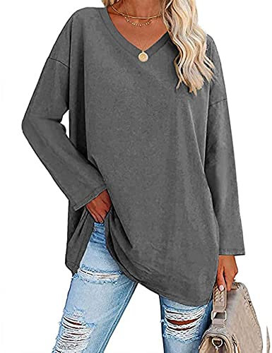 Famulily Ladies Plain Solid Color Oversized Long Sleeve T Shirts Women Casual V Neck Pullover Tops T Shirt UK Dark Grey L