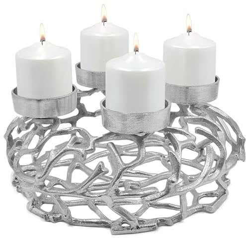Luxus Adventskranz Ø36cm rund aus Metall Kerzenleuchter Kerzenständer Alu Ständer Adventsdeko Weihnachtskranz Weihnachten Deko Kranz Silber - für Kerzen Durchmesser 8cm