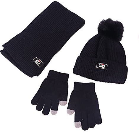 NautySaurs Jungen Mädchen Mütze Schal und Handschuhe Set Winter Thermo Strick Häkelmütze Bommelmütze Fleece Gefüttert Beanie für Kinder im Alter von 2-8 Jahren, Schwarz, Einheitsgröße