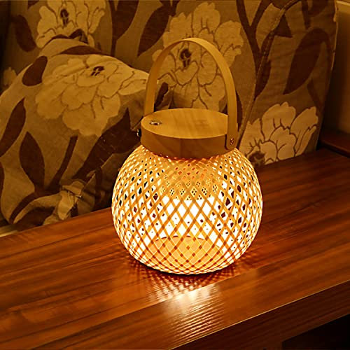 LANMOU Aufladbar LED Akku Tischlampe Aus Bambus und Rattan 3000K Touch Dimmbare Tischleuchte Kabellose Natürlich Rustikal Nachttischlampe Tragbar mit Tragegriff und 1600-mAh-Akku