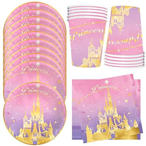 HGSHUO Schloss Partygeschirr Kindergeburtstag Deko Prinzessin Geburtstag Party Geschirr Becher Pappteller Servietten Geburtstagsparty Hochzeit Babyparty Tischdeko Set 10 Persone