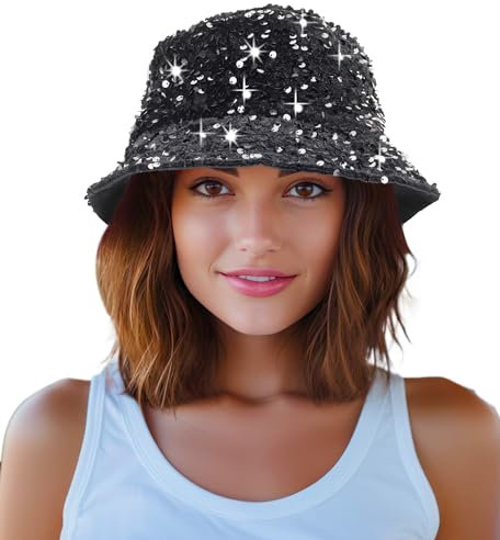 Damen Pailletten Fischerhut Strand Sonnenhüte für Party, Mädchen Teenager Glänzend Glitzer Pailletten Sonnenhut für Reisen, Schwarz , M