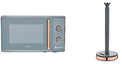 TOWER T24038RGG Cavaletto Manual Microwave with 5 Power Levels & 35 Minute Timer, 800W, 20L, Grey Rose Gold & T826133GRY Cavaletto Towel Pole Kitchen Roll Holde, Grey and Rose Gold