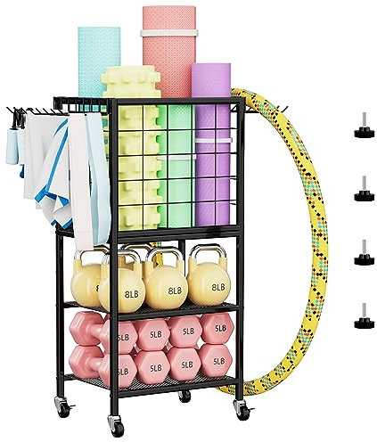 Weight Rack for Home Gym, Workout Equipment Storage Organizer, Home Gym Yoga Mat Storage Rack, Weight Storage Racks with Hooks, Yoga Mat Holder with Wheels for Yoga Block, Dumbbell, Resistance Band