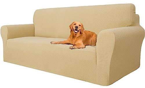 YSTELLAA High Stretch Sofa Überzug 3 Sitzer, Couch Bezug rutschfest, Universal Sofahusse Elastische, Couchüberzug Sofaschutz Katze Durable, Waschbare Sofa Covers Mit Armlehnen, Beige Gelb