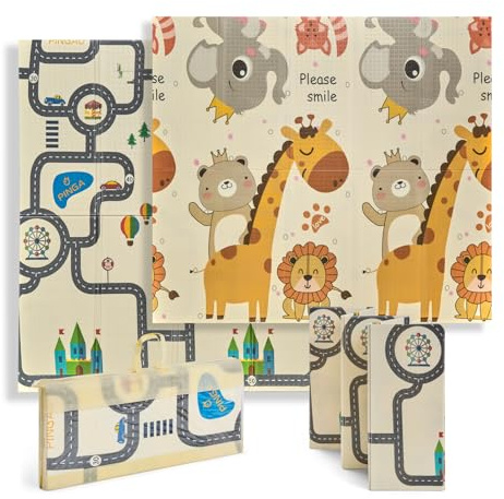 Buddy Baby - Spielmatte für Babys, XXL, 180 x 200 cm, doppelseitig, sehr gepolstert, faltbar, mit Tragetasche (Zoo/Autos)