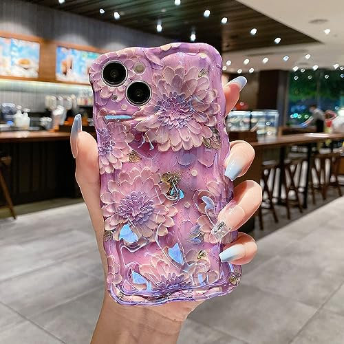 QLTYPRI Compatible with iPhone 12 Case with Cute 3D Retro Oil Painting Flower Design for Girls Women, Curly Wave Frame Soft Silicone TPU Bumper Shockproof Protective Phone Cover for iPhone 12- Purple