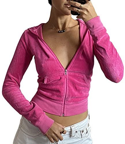 Caziffer Women Cropped Zip Up Hoodie Sweater Jacket 2023 Fall Casual Hooded Top Long Sleeve Ribbed Knit Sweatshirts (H Velvet Pink, S)