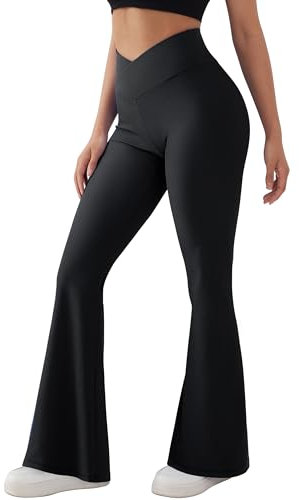OMKAGI Women's Flared Yoga Trousers, Bootcut Yogahose Damen, High Waist Seamless Gerippt Flare Leggings Push Up Long Sports Trousers(S,Schwarz-18)