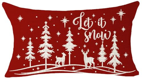 NIDITW Winter Gift Merry Christmas Let It Snow Pine Tree Deer Decorative Lumbar Red Throw Pillow Cover Cushion Case for Couch Living Room Farmhouse Waist 12x20 Inches (Red and Ivory)
