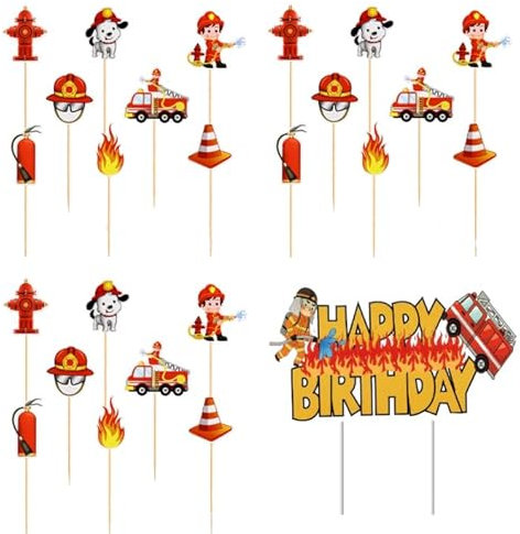 Tortendeko Feuerwehr,24 Stück Kuchen Deko Feuerwehr,Feuerwehr Deko Kindergeburtstag,Feuerwehr Tortendeko,Inklusive 1 Großer Geburtstagskuchen-Deko-Feuereinsatz,Tischdeko,Kindergeburtstag-Party-Deko