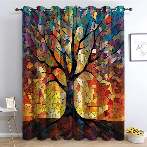 CozyRest Vorhang Blickdicht ösen 2er Set Farbige Buntglasmalerei Stil Baum des Lebens Muster Gardine Lichtundurchlässig Fenstervorhang Wohnzimmer Bunt geometrisch Vorhänge Größe: H 260 x B140cm x2