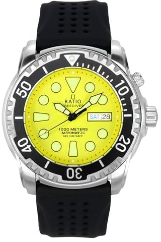 RATIO Herren Gelb 1000M Wasserdicht Taucheruhr mit Automatikwerk und Saphirglas, Silikonarmband, 47 mm Durchmesser, 15 mm dick, Helium-Ablassventil, für Tauchen, Schwimmen, Schnorcheln