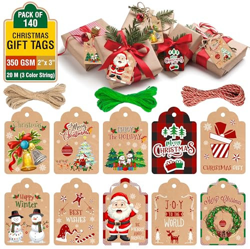 Geschenkanhänger weihnachten 140er-Pack – Geschenkanhänger mit Bindfaden zum Aufhängen, Kraftpapieranhänger 350 g/m² und Anhänger Weihnachten für Geschenke in Weihnachtsdekorationen