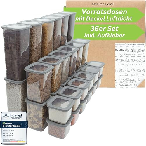 All-for-Home Vorratsdosen mit Deckel Luftdicht 36er Set - Aufbewahrungsbox Küche Aufbewahrung & Organisation | Vorratsbehälter zur Mehl, Müsli Aufbewahrung uvm. | Behälter in ANTHRAZIT & BPA frei