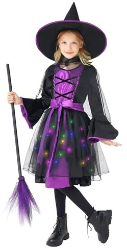 Funnlot Hexenkostüm Kinder, Faschingskostüme Mädchen mit Hexenkleid Hexenhut Hexen Besen Karneval Kostüm Kinder für Fasching L (7-8 Jahre)