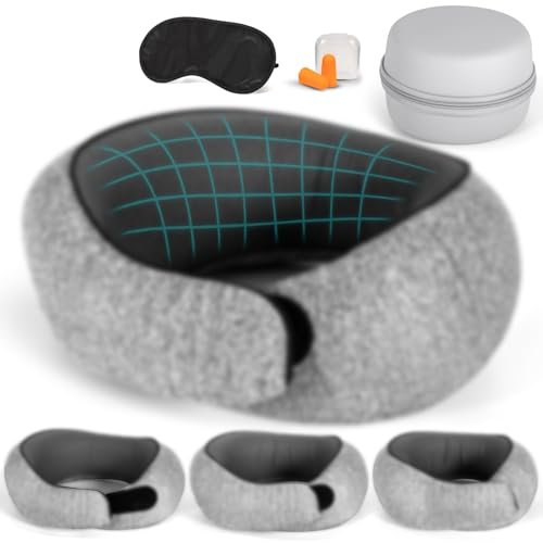 PQETBV Oreiller de Voyage en Mousse à mémoire de Forme, Oreiller de Voyage Ergonomique, Coussin de Voyage, avec Bouchons d'oreilles, Cache - Yeux, Boîte de Rangement, pour Avion, Voiture, Bureau
