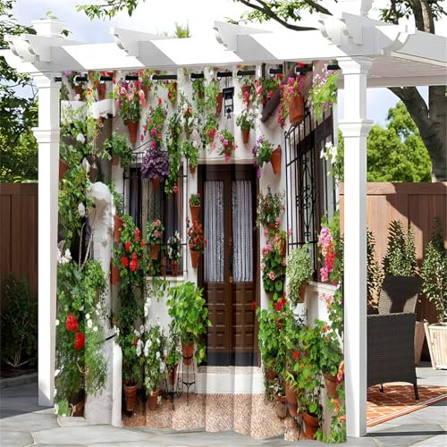 Treer 3D Outdoor Vorhang Wasserdicht mit Ösen (1.6 inch), Blickdicht Outdoorvorhänge Sichtschutz Sonnenschutz für Patio Balkon Terrasse Garten Pavillon (W180*L213cm,Wandpflanzen B)