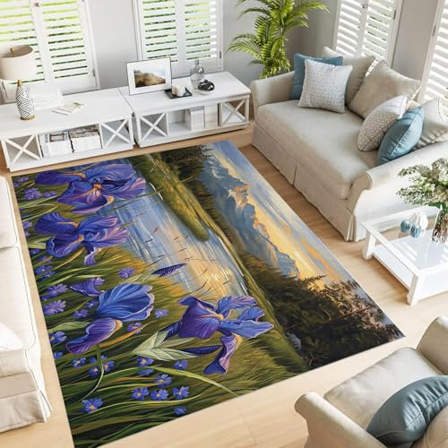 JEDTAKCT Teppich Wohnzimmer Kurzflor Vintage Handgearbeiteter Konturenschnitt Iris Lake Optik, Waschbarer Teppich Moderner Naturlandschaft Teppich Grösse:60X120Cm