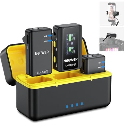 Neewer CM28 PRO Microfono Lavalier Wireless Bavero con Custodia Ricarica, Audio Non Compresso a 48kHz 16bit, Anti Rumore, Memoria 4GB, Autonomia 9H, Compatibile con iPhone iPad Android Fotocamera PC