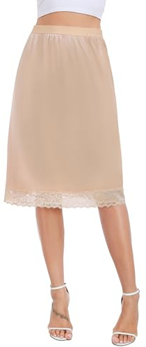 Lovasy Women's Half Slips Satin Long Underskirt with Lace Hem Wide Waist Slip Soft Half Slips for Under Dresses UK A-line Anti Static Petticoat Under Skirt,Nude,M