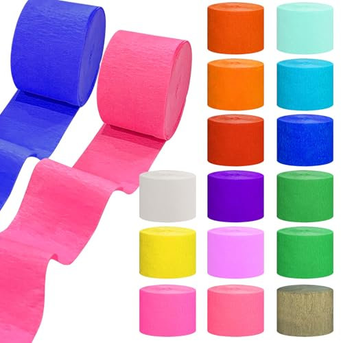 15er Rolls Krepppapier Bunt, 4.5CMx25M Kreppbänder Regenbogen, Multicolor Papier, Bastelkrepp, Streamer Hochzeit, Karneval, Party Décoration, Hochzeitsdekoration, Geburtstagsfeier Partydeko