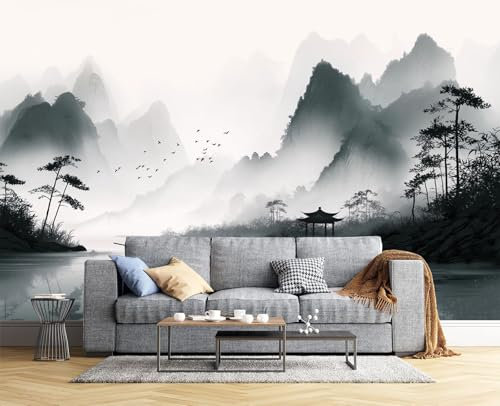 Papier Peint Panoramique Gris Clair 150X105Cm - Revêtement Mural Pour Chambre Salon - Design Unique Décoration - Peinture De Paysage À L'Encre - Traditionnelle Chinoise - Motif Personnalisé Murale