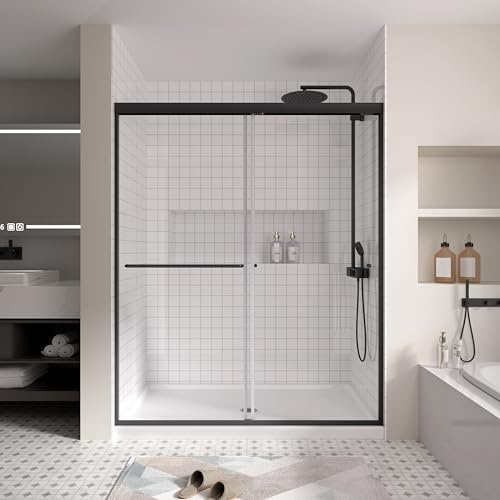 Porta doccia in vetro a doppio scorrimento, 56-60 W x 72 H 1/4 6 mm semi-frameless doccia schermo doccia per cabina doccia, SGCC vetro temperato retrattile porta del bagno, nero opaco