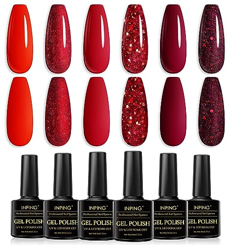 INPING Gel Nail Polish, Red 6 Colors UV LED Nail Varnish 8ML | Glitter Nail Varnish Soak Off UV/LED for Women French Manicure Home DIY Nail Art Salon, Long-lasting