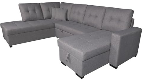 amuéblate Online - Chaise Longue Izquierdo Rinconera Sofá Cama en U con Arcón de Almacenaje Modelo Andes, Diseño Moderno, Práctico y Funcional, con Cojines Decorativos de Regalo, Color Gris