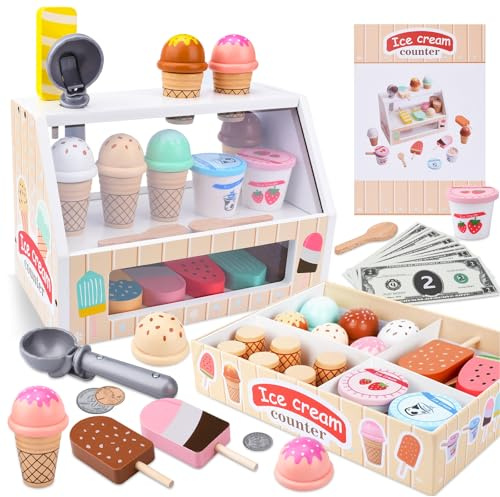 Glacier en Bois pour Enfant,Glacier Jeu Accessoires de Cuisine,Jouets de Crème Glacée en Bois pour Enfant,Marchande en Bois Jeu Éducatif Cadeaux pour Fille 3 4 5 6 Ans