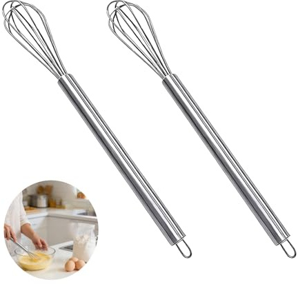 Juego de 2 mini batidores de 7 pulgadas, pequeño batidor de acero inoxidable para tazas, batidor manual para mezclar, batir y espumar salsas, huevos y crema sin esfuerzo