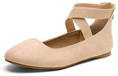 DREAM PAIRS Womens Ballerina Flat Fashion Elastic Ankle Straps Cross Strap Round Toe Comfy Ballet Pumps Dolly Shoes,Size 7,Nude,Sole_Stretchy