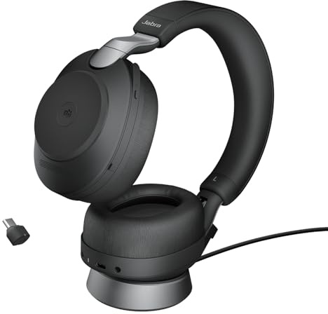 Jabra Evolve2 85 Wireless PC Headset - Noise Cancelling MS Zertifizierte Stereo Kopfhörer mit ausdauerndem Akku - USB-A Dongle, Ladeständer - Schwarz