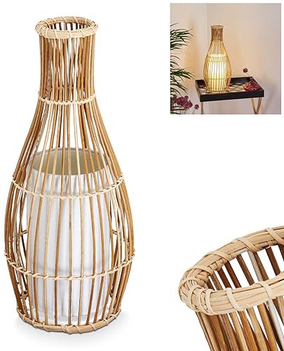 Tischlampe Saranda, Vintage Tischleuchte aus Bambus/Stoff in Natur/Weiß, Ø 18 cm, E27-Fassung, Leuchte im Boho-Style mit An-/Ausschalter am Kabel, ohne Leuchtmittel