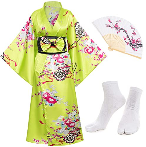 Japanese Anime Damen Kimono Robe Geisha Yukata Süßes Kleid Blüte Satin Bademantel Nachtwäsche Fans Tabi Socken Set, Grün , Einheitsgröße