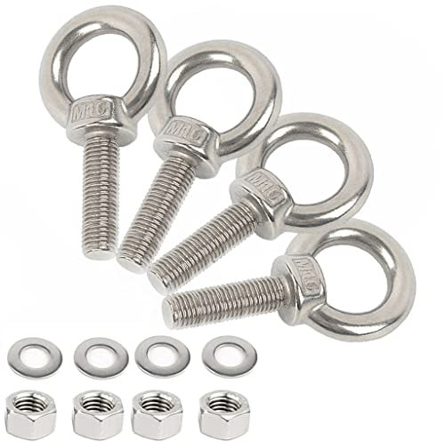 AIVOOF Stainless Steel Eye Bolts, 4 Pack M10 Shoulder Eye Bolt 1.2 Heavy Duty EyeBolts Screws in Eye Hooks with Washer and Nuts for Lifting Ring Eyebolt Thread Length 30mm