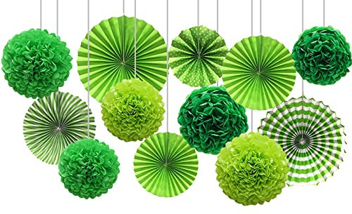 12 Stück Grün Seidenpapier Pompons und Hängende Papierfächer Set,Papier Seidenpompons und Papier Fächer für Party Deko,St. patrick's day Deko