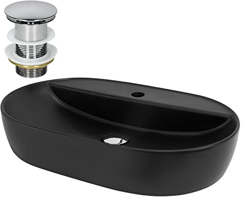 ML-Design Lavabo en Céramique, Noir, 60x40x12 cm, Forme Ovale, avec Garniture de Vidage, Vasque á Poser, Design Moderne, Lavabo à Main, Lavabo de Comptoir Élégant, pour Salle de Bain/WC d'Invités