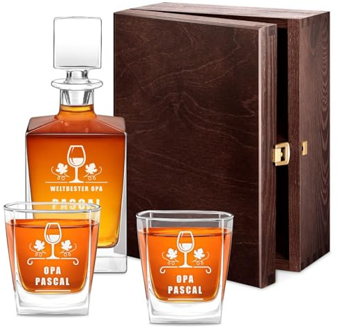Maverton Whisky Karaffe 810 ml + 2/4 / 6er Whiskygläser Set mit Gravur - Whisky Dekanter mit Gläsern 250 ml für Männer - personalisiertes Whiskey Set für Whiskyliebhaber - Weinglas