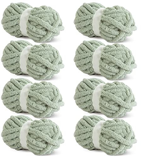 HOMBYS Salbeigrünes, grobes Chenille-Garn zum Häkeln, sperriges, dickes, flauschiges Garn zum Stricken, super sperriges, grobes Garn für Handstrickdecke, 8 Jumbo-Pack (31.7 m, 227 g pro Knäuel)
